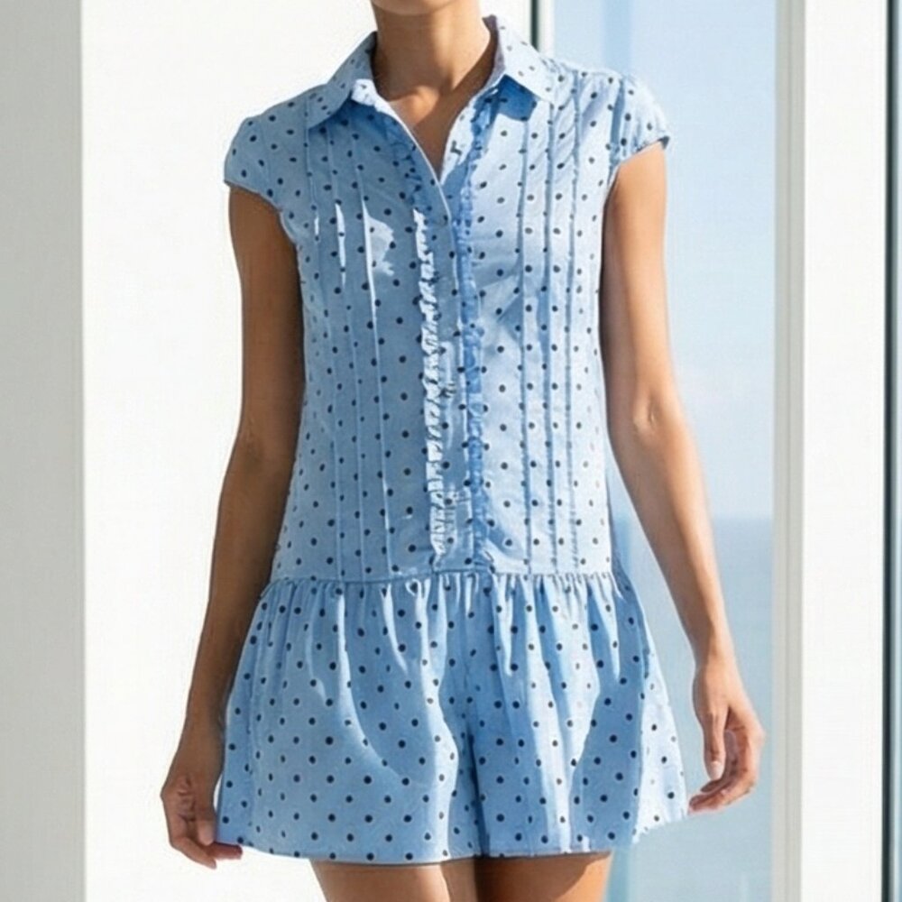 NWT $138 ANTHROPOLOGIE Maeve cap sleeve romper button front blue navy dots XS